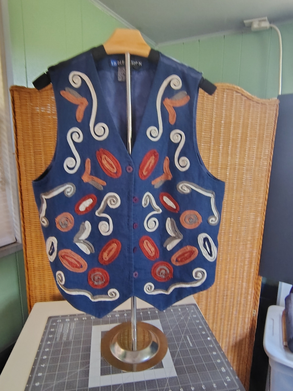 Hand-Embroidered Navy Cotton Vest with Multi-Color Motifs